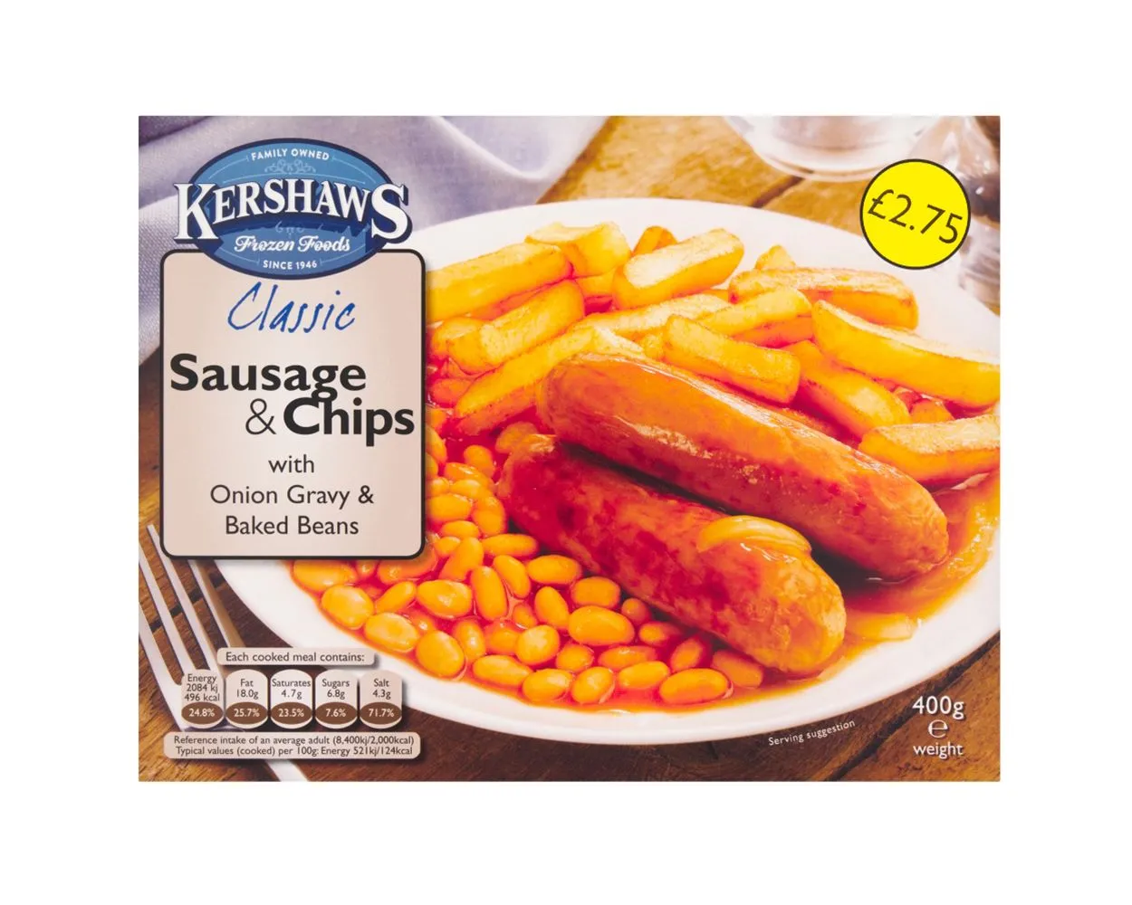 12 kershaws sausage & chips £2.75