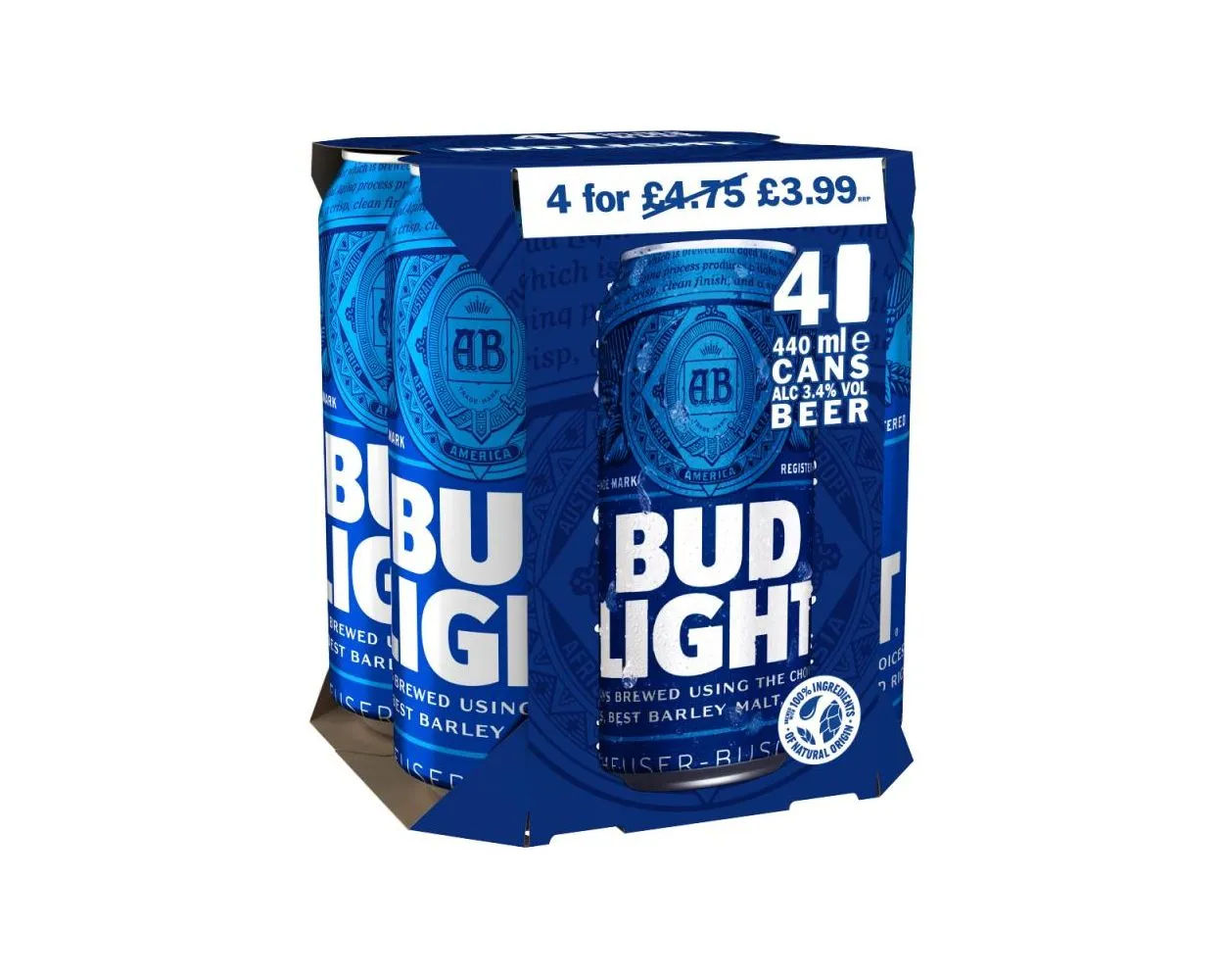 Bud light 4pack pm£3.99 3.4%
